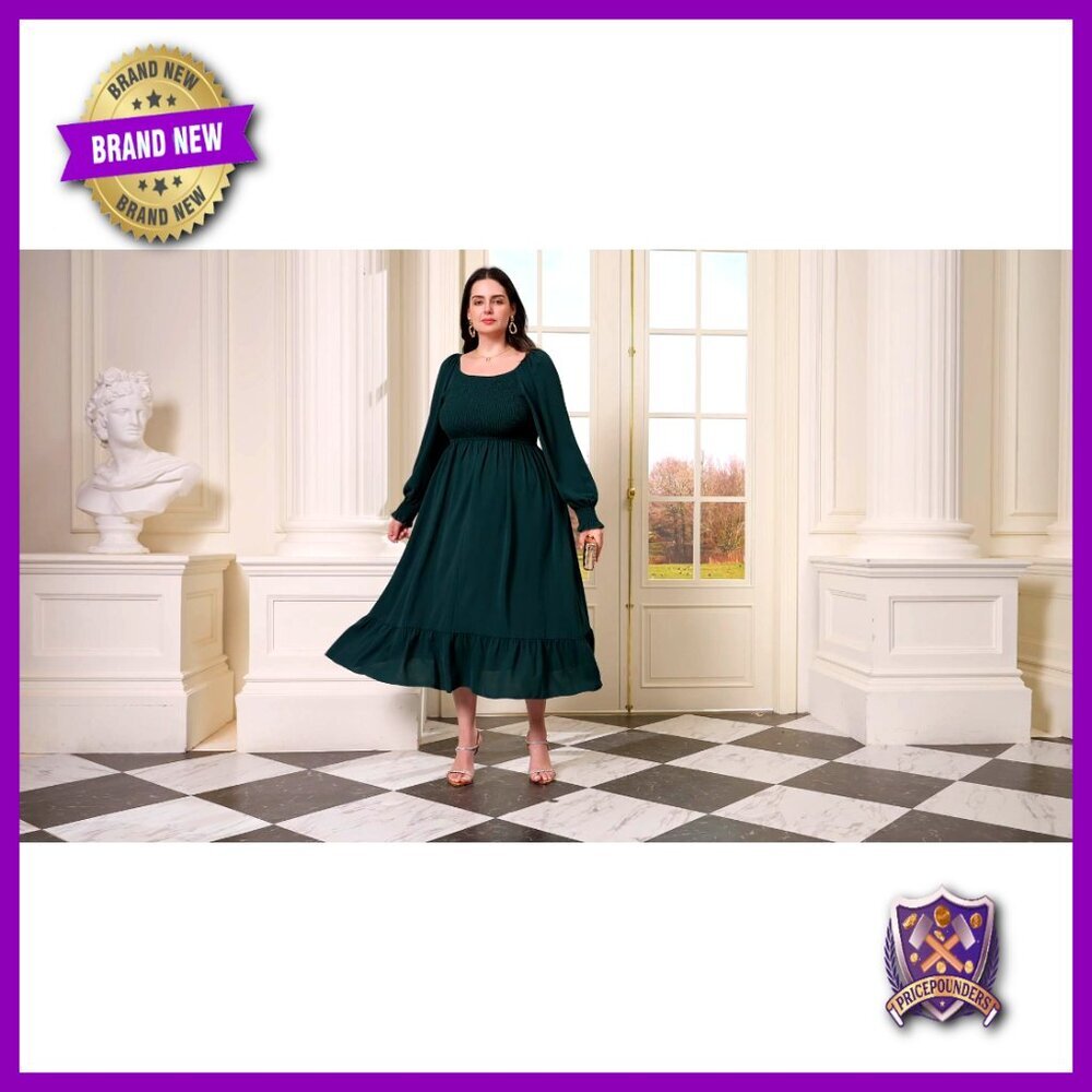 Plus Size Maxi Dress Long Sleeve Square Neck Smocked Ruffle Swing Flowy - Picture 7 of 7